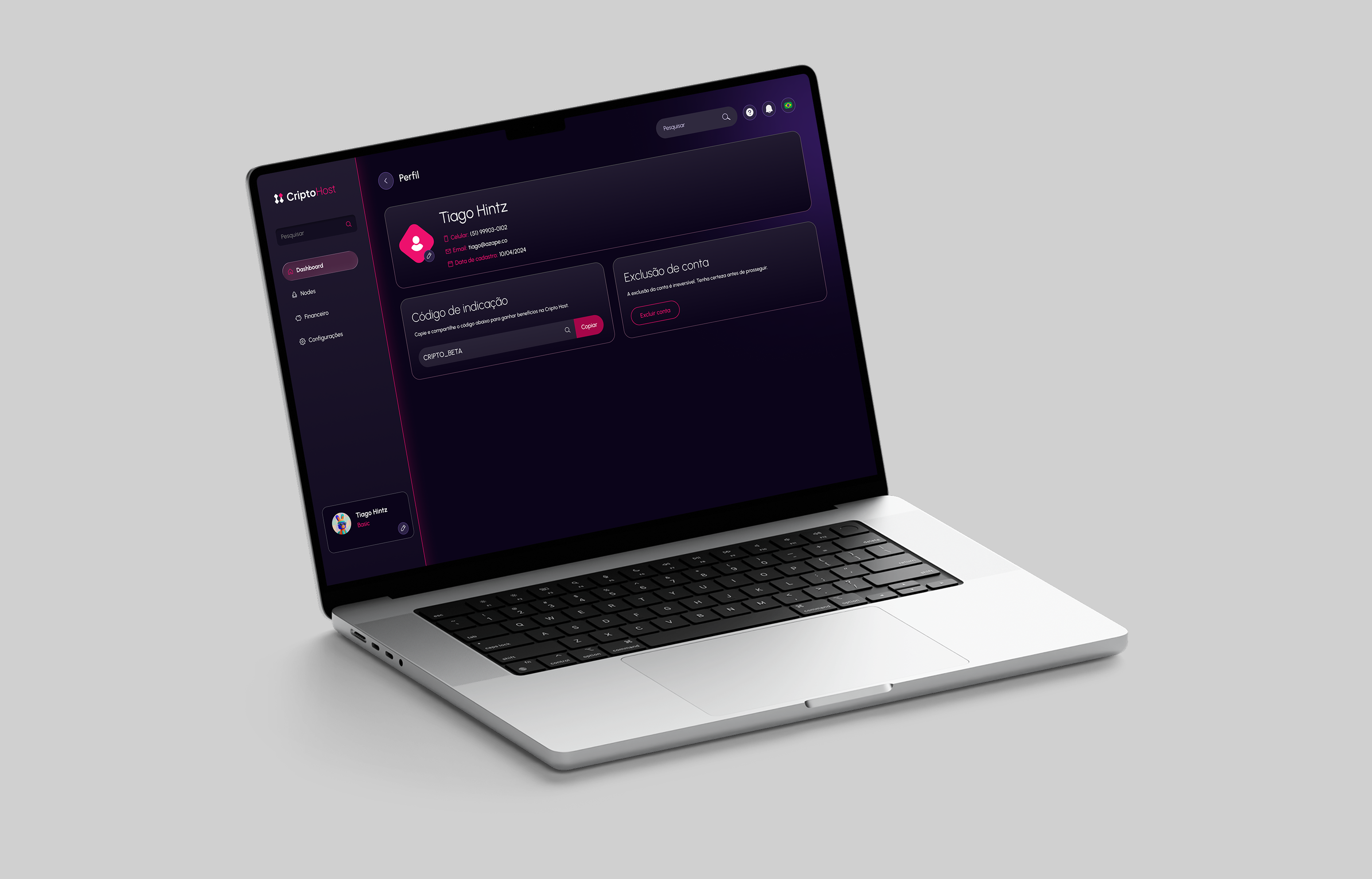 Visão Geral do Dashboard Principal Cripto Host