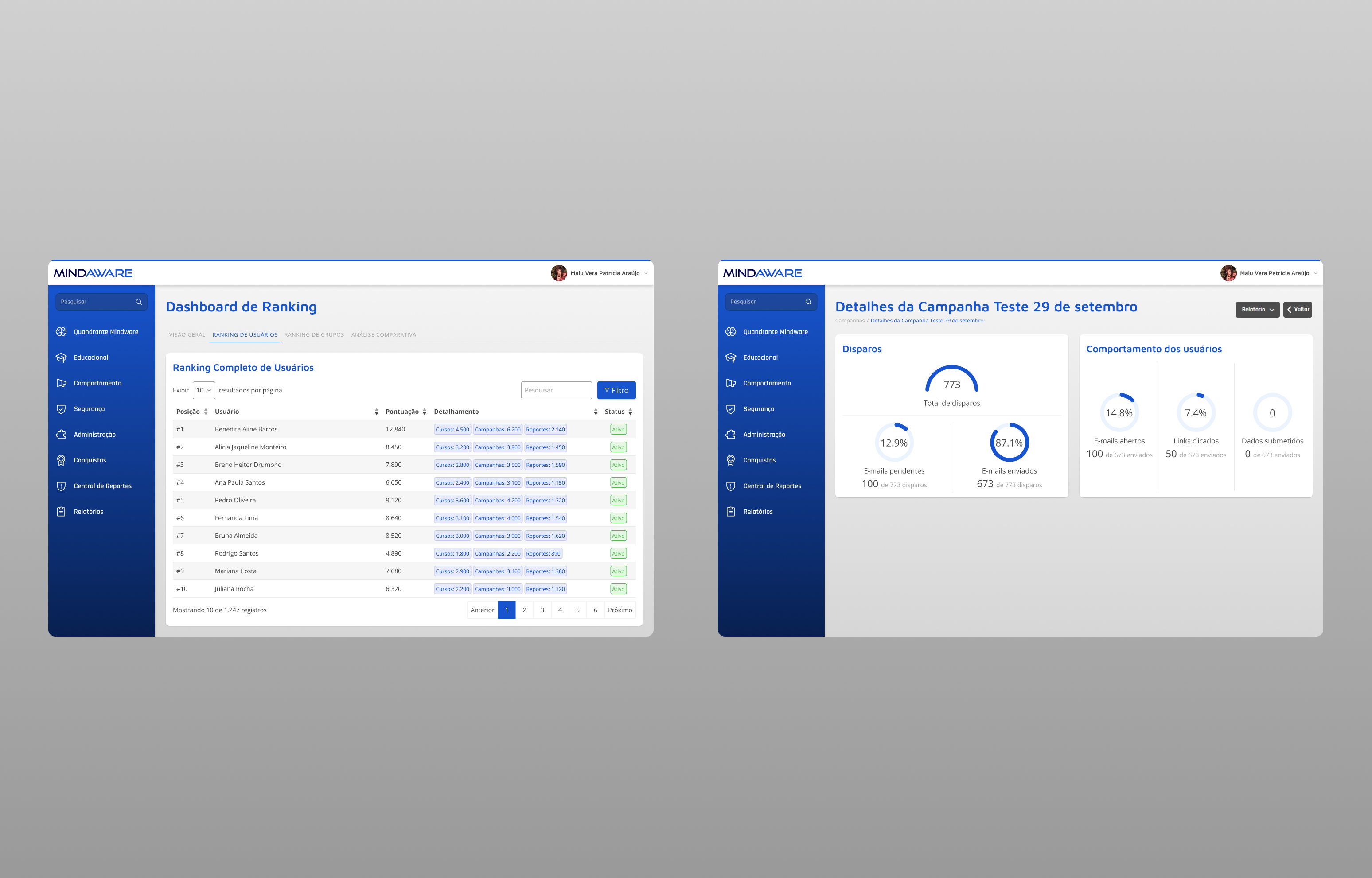 Visão Geral do Dashboard Principal Mindaware